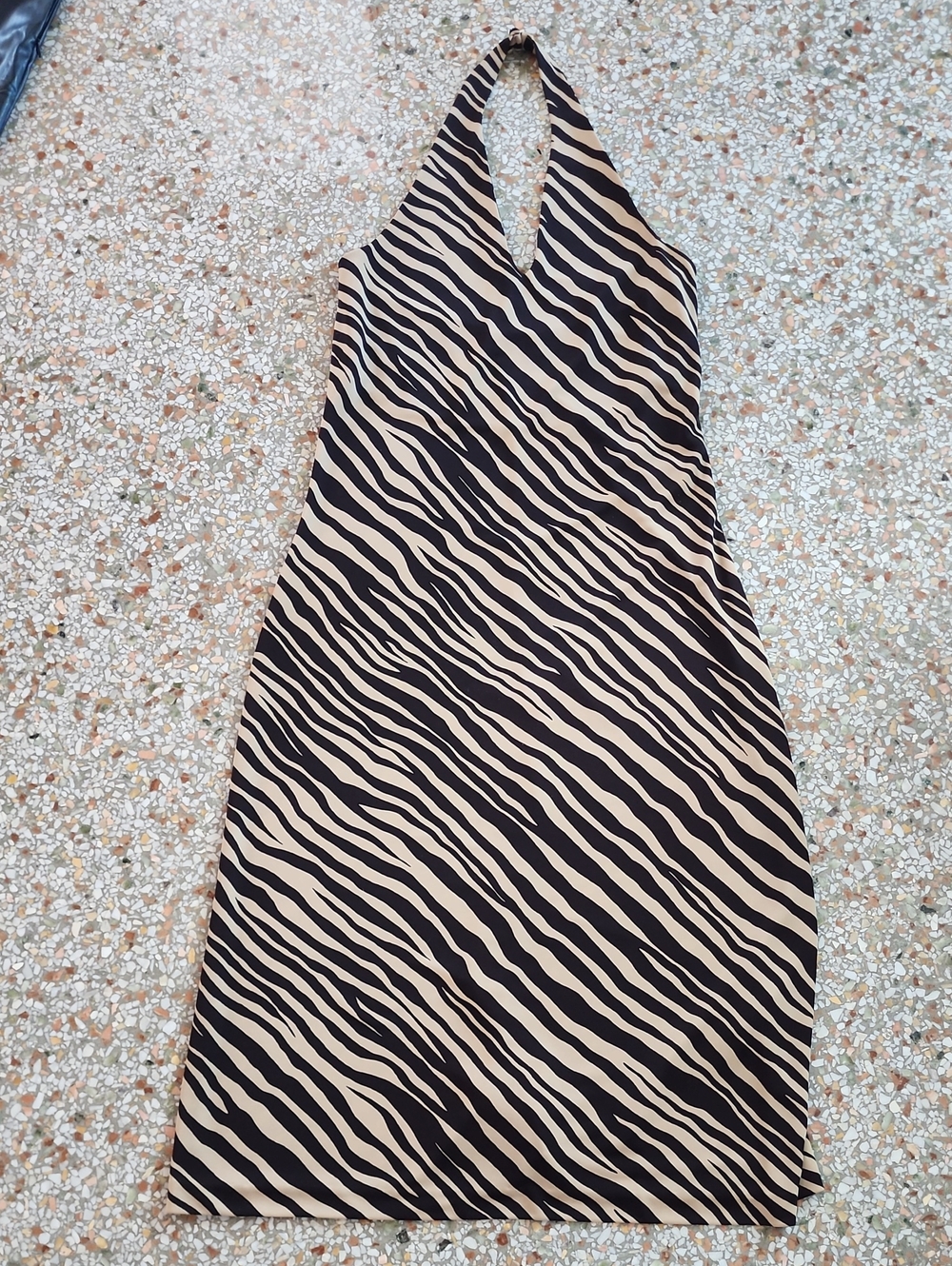 Ralph Lauren Black and Beige Zebra-Print Halter Midi Dress